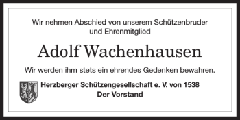 Traueranzeige von Adolf Wachenhausen von Harz Kurier