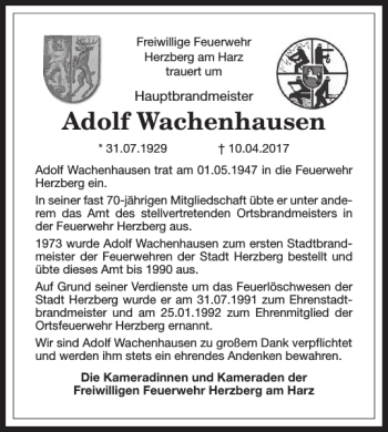 Traueranzeige von Adolf Wachenhausen von Harz Kurier