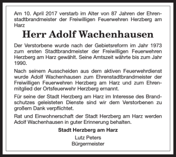 Traueranzeige von Adolf Wachenhausen von Harz Kurier