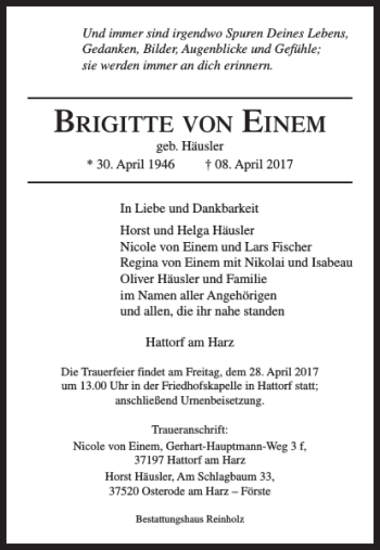 Traueranzeige von BRIGITTE VON EINEM von Harz Kurier