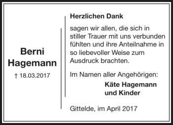 Traueranzeige von Berni Hagemann von Harz Kurier