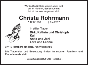 Traueranzeige von Christa Rohrmann von Harz Kurier