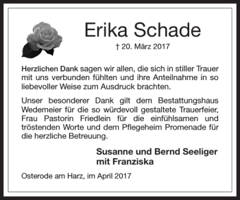 Traueranzeige von Erika Schade von Harz Kurier