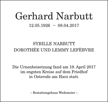 Traueranzeige von Gerhard Narbutt von Harz Kurier