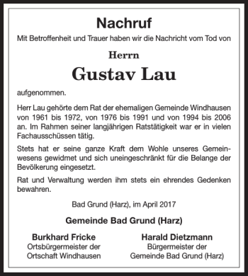Traueranzeige von Gustav Lau von Harz Kurier