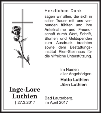 Traueranzeige von Inge-Lore Luthien von Harz Kurier
