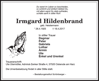 Traueranzeige von Irmgard Hildenbrand von Harz Kurier