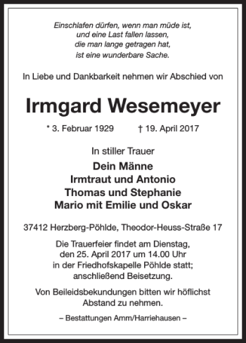 Traueranzeige von Irmgard Wesemeyer von Harz Kurier