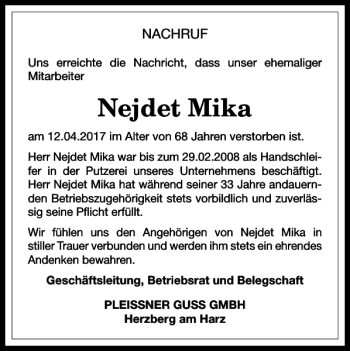 Traueranzeige von Nejdet Mika von Harz Kurier