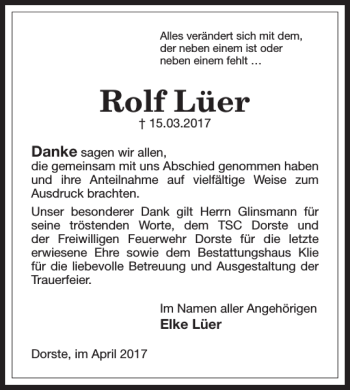 Traueranzeige von Rolf Lüer von Harz Kurier