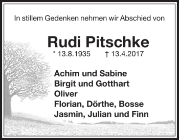 Traueranzeige von Rudi Pitschke von Harz Kurier