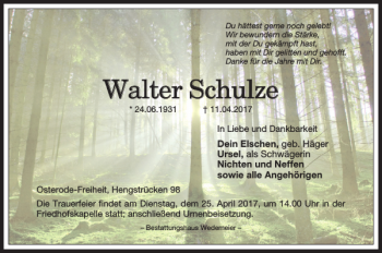 Traueranzeige von Walter Schulze von Harz Kurier