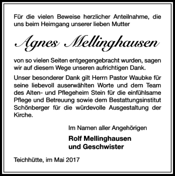 Traueranzeige von Agnes Mellinghausen von Harz Kurier
