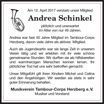 Traueranzeige von Andrea Schinkel von Harz Kurier