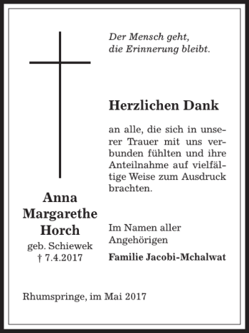 Traueranzeige von Anna Margarethe Horch von Harz Kurier