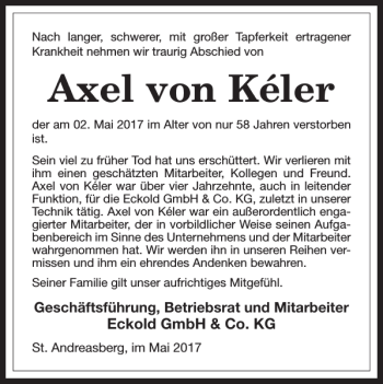 Traueranzeige von Axel von Kéler von Harz Kurier