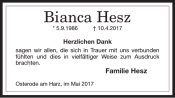 Traueranzeige von Bianca Hesz von Harz Kurier