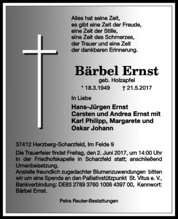 Traueranzeige von Bärbel Ernst von Harz Kurier