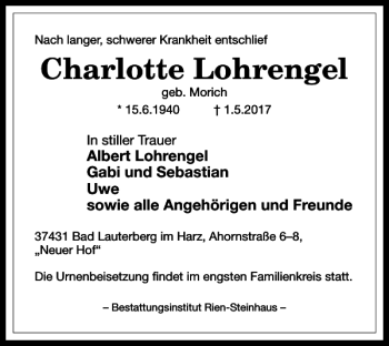Traueranzeige von Charlotte Lohrengel von Harz Kurier