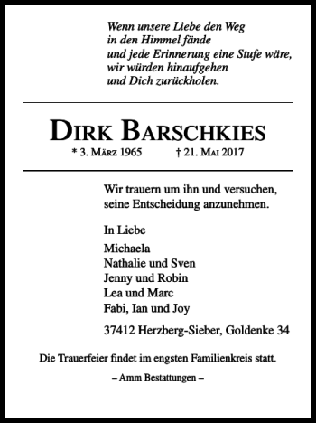 Traueranzeige von Dirk Barschkies von Harz Kurier