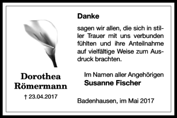 Traueranzeige von Dorothea Römermann von Harz Kurier
