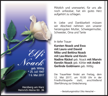 Traueranzeige von Elfi Noack von Harz Kurier