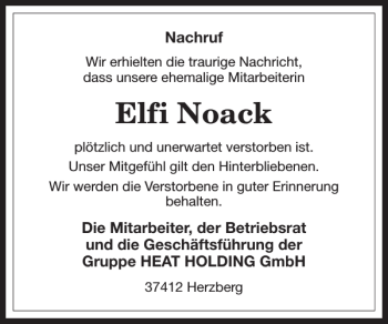 Traueranzeige von Elfi Noack von Harz Kurier