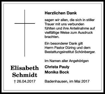 Traueranzeige von Elisabeth Schmidt von Harz Kurier
