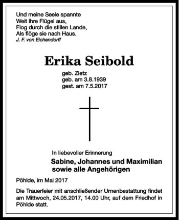 Traueranzeige von Erika Seibold von Harz Kurier