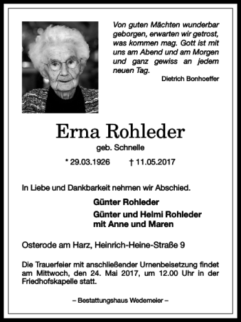 Traueranzeige von Erna Rohleder von Harz Kurier