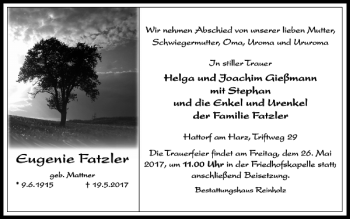 Traueranzeige von Eugenie Fatzler von Harz Kurier