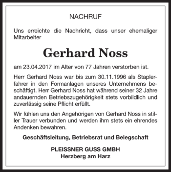 Traueranzeige von Gerhard Noss von Harz Kurier