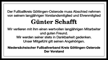 Traueranzeige von Günter Schafft von Harz Kurier