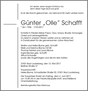 Traueranzeige von Günter Olle Schafft von Harz Kurier
