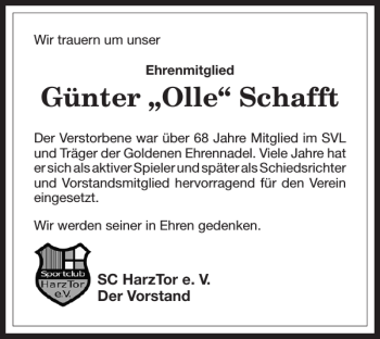 Traueranzeige von Günter Olle Schafft von Harz Kurier