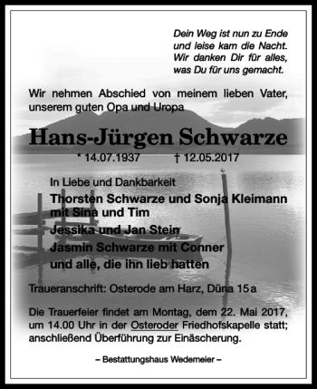 Traueranzeige von Hans-Jürgen Schwarze von Harz Kurier