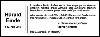 Traueranzeige von Harald Emde von Harz Kurier