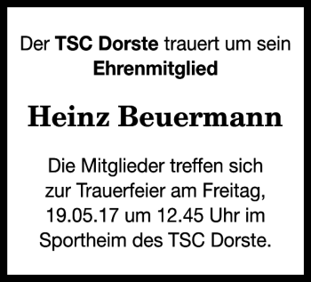 Traueranzeige von Heinz Beuermann von Harz Kurier