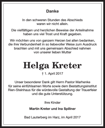 Traueranzeige von Helga Kreter von Harz Kurier