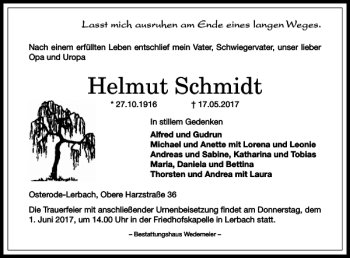 Traueranzeige von Helmut Schmidt von Harz Kurier