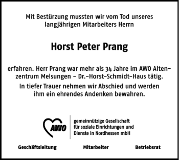 Traueranzeige von Horst Peter Prang von Harz Kurier