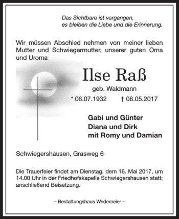 Traueranzeige von Ilse Raß von Harz Kurier