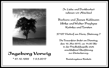 Traueranzeige von Ingeborg Vorwig von Harz Kurier