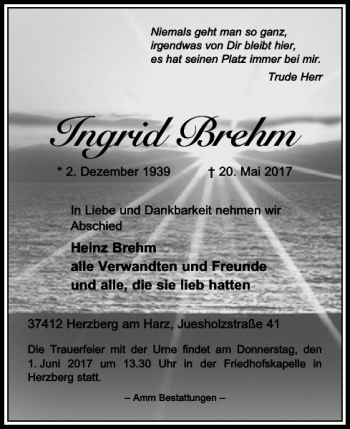 Traueranzeige von Ingrid Brehm von Harz Kurier