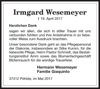 Traueranzeige von Irmgard Wesemeyer von Harz Kurier