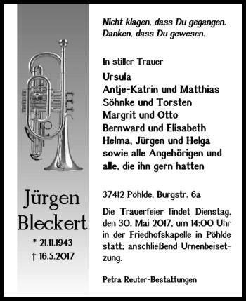 Traueranzeige von Jürgen Bleckert von Harz Kurier
