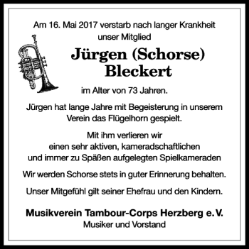 Traueranzeige von Jürgen Schorse Bleckert von Harz Kurier