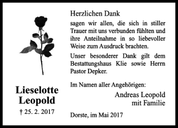 Traueranzeige von Lieselotte Leopold von Harz Kurier