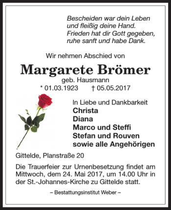 Traueranzeige von Margarete Brömer von Harz Kurier
