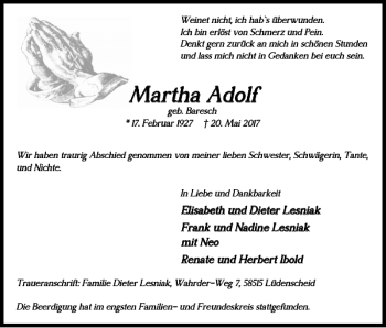 Traueranzeige von Martha Adolf von Harz Kurier